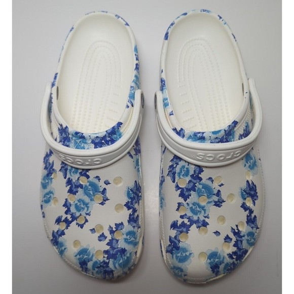 Crocs Men Size 12 Women 14 White Hawaiian Blue Flower Floral Graphic Clog 206376 - Picture 8 of 14